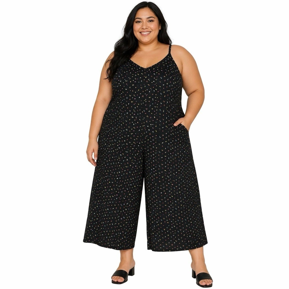 Kitty And Vibe Women Sleeveless Wide Leg Cropped Jumpsuit Black Ditzy Floral 5X